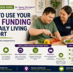 support worker assisting participant with daily living activities NDIS participant preparing meals with support worker disability support worker helping with household tasks participant building independence through daily living support NDIS daily living support services in Sydney