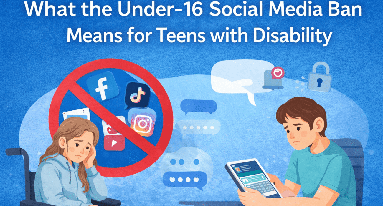 Illustration showing teens with disability using digital devices, highlighting the impact of the under-16 social media ban on young people with disability in Australia