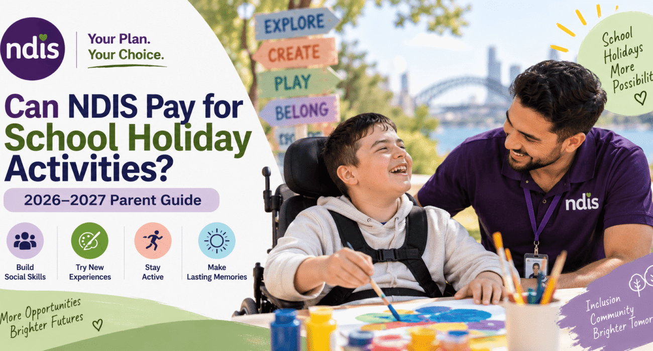 Children participating in school holiday community activities with disability support in Sydney.